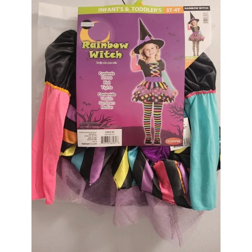 GIRLS 2T 3 PIECE -RAINBOW WITCH HALLOWEEN COSTUME- INCLUDES DRESS HAT TIGHTS NEW
